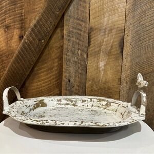 Country Farmhouse Decor White Wash Metal Tray Bird Bathroom Kitchen 17” X 12”